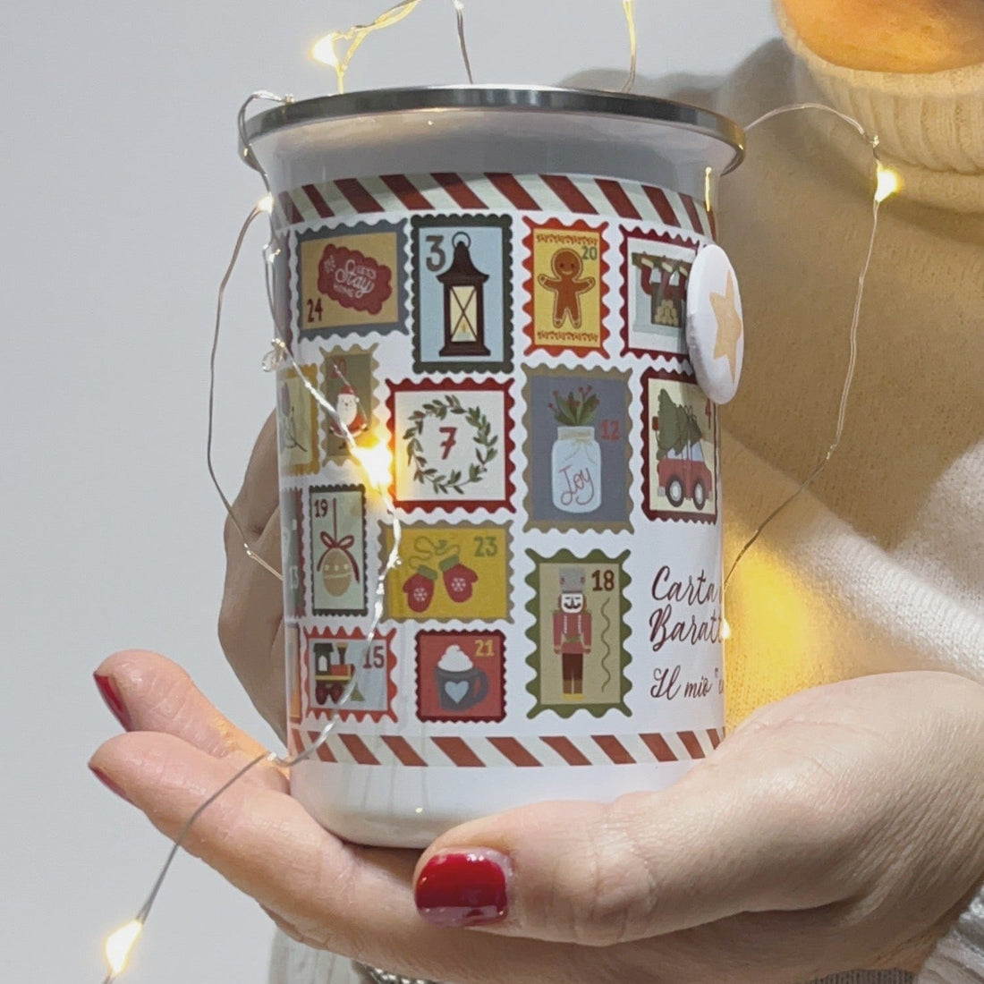 Tazza calendario dell'Avvento personalizzata con francobolli natalizi