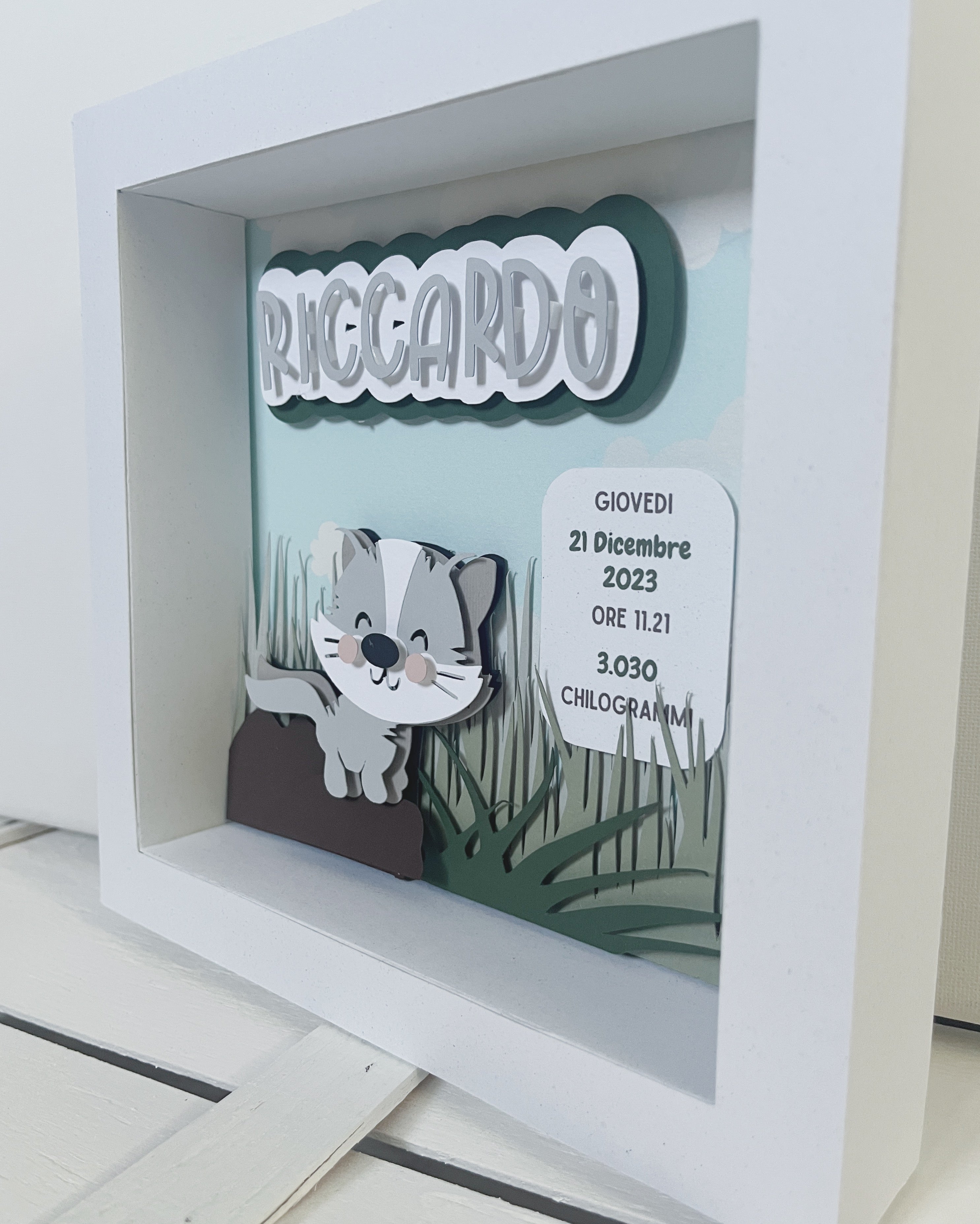 quadretto nascita personalizzato 3D con gattino effetto diorama in carta