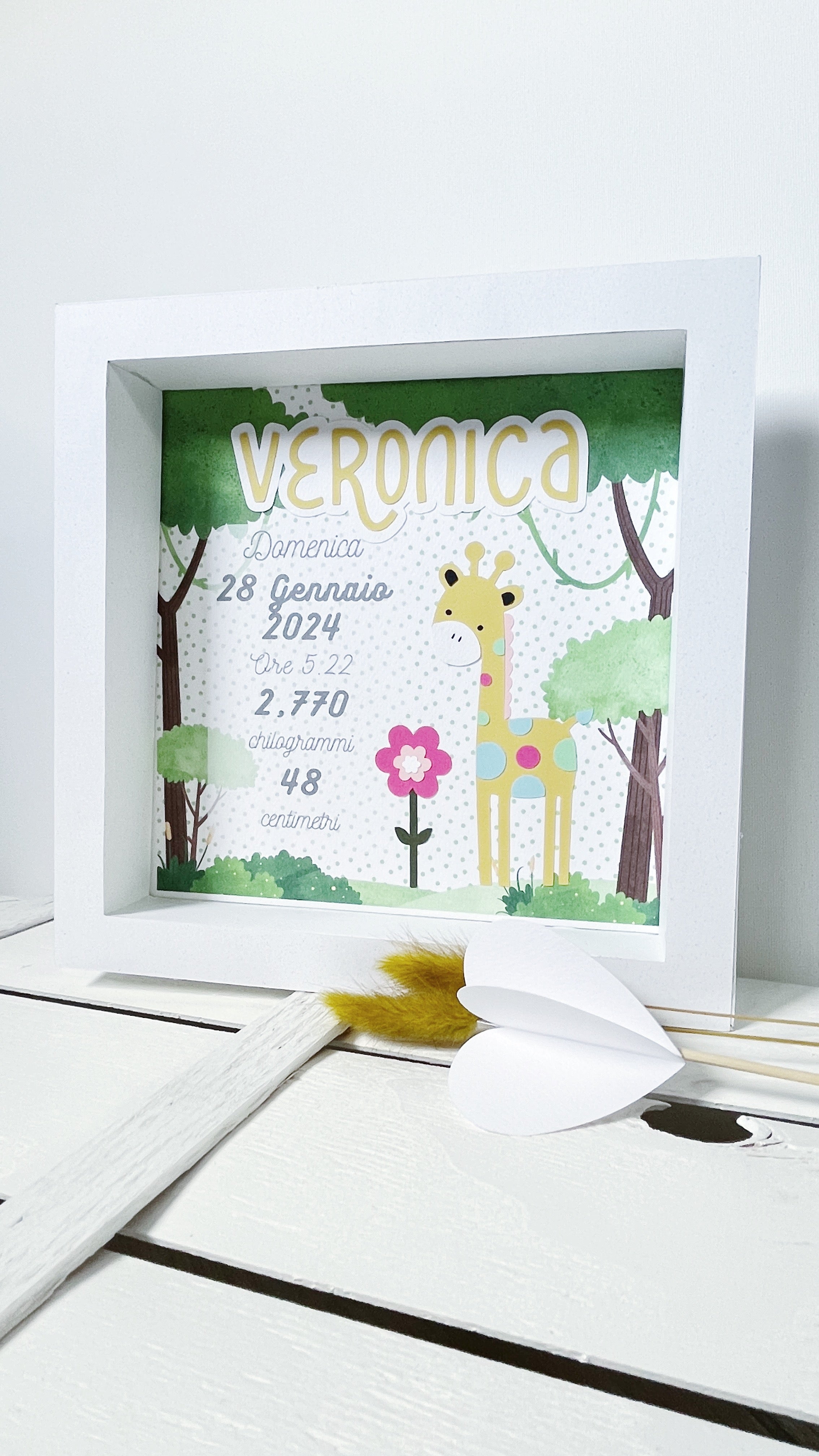 quadretto nascita personalizzato tema giraffa e bosco con dati bimba in carta
