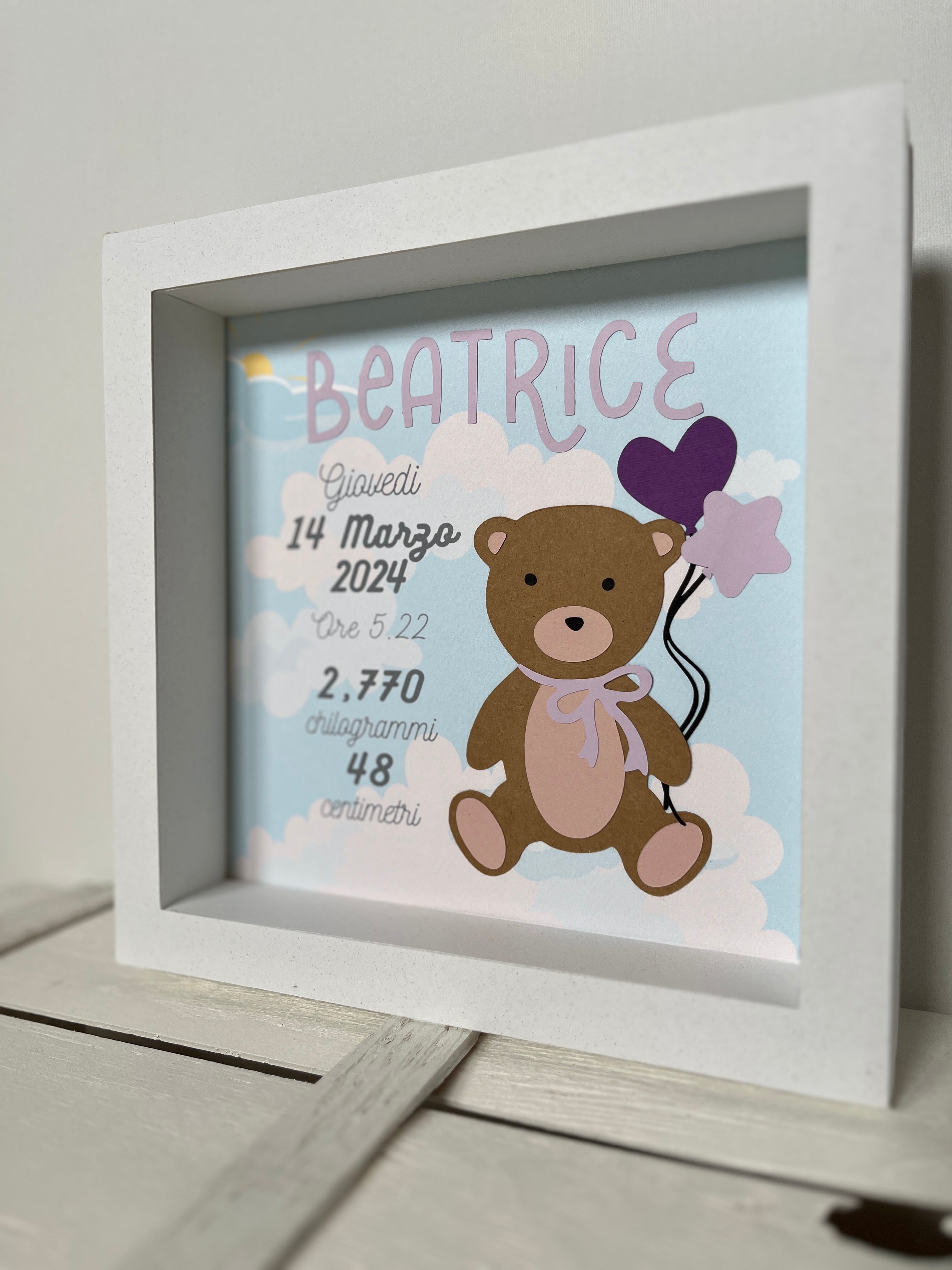quadretto nascita personalizzato con orsetto e dati bimba in carta handmade
