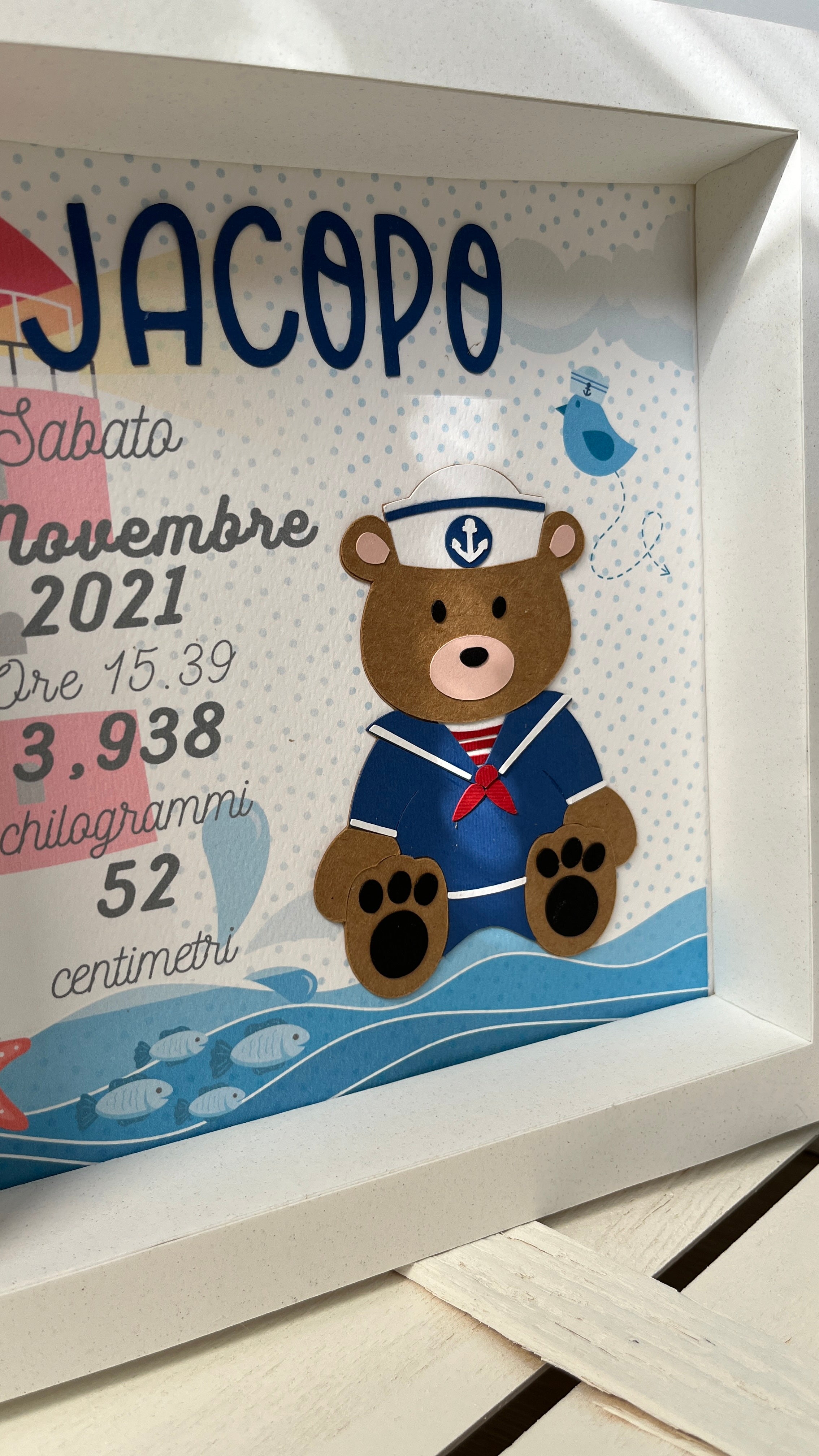 quadretto nascita personalizzato orsetto marinaio con dati bimbo in carta handmade